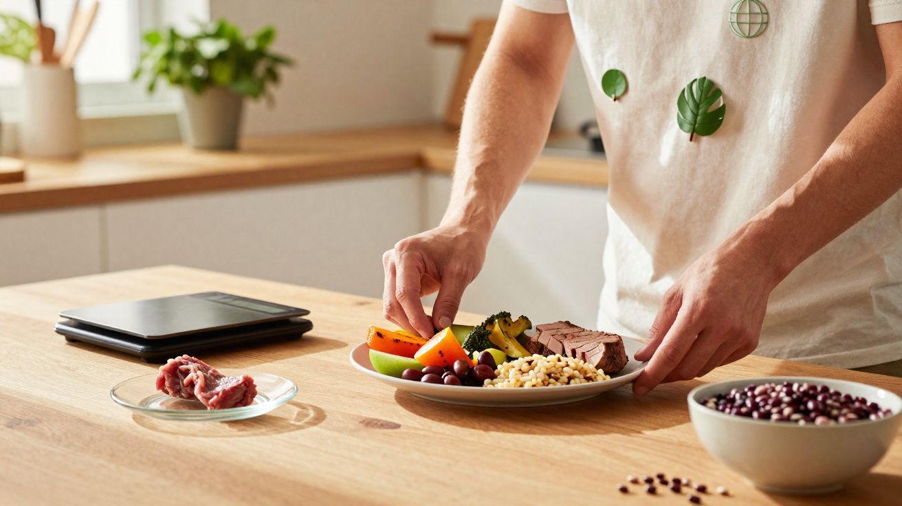 Pessoa a servir prato com vegetais, arroz, carne e uvas numa cozinha iluminada e moderna.