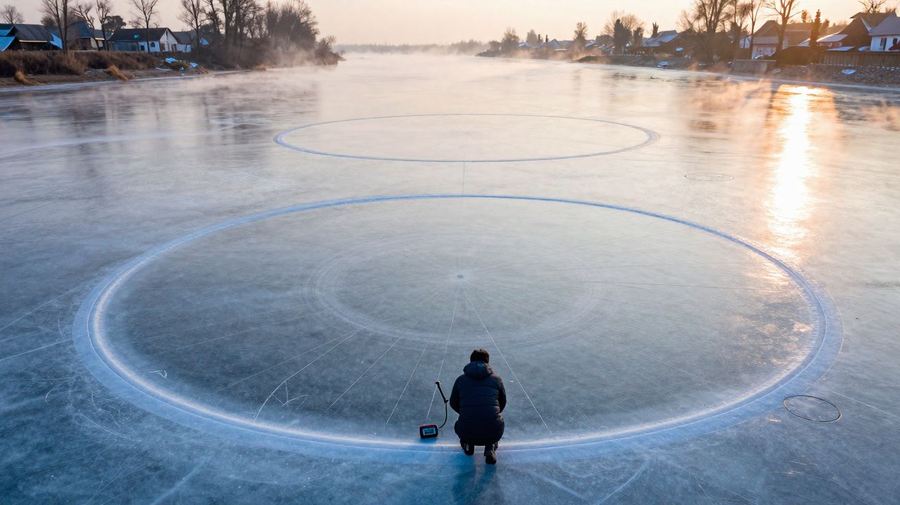 Pessoa agachada a pescar no gelo com círculos grandes num lago congelado ao pôr do sol.