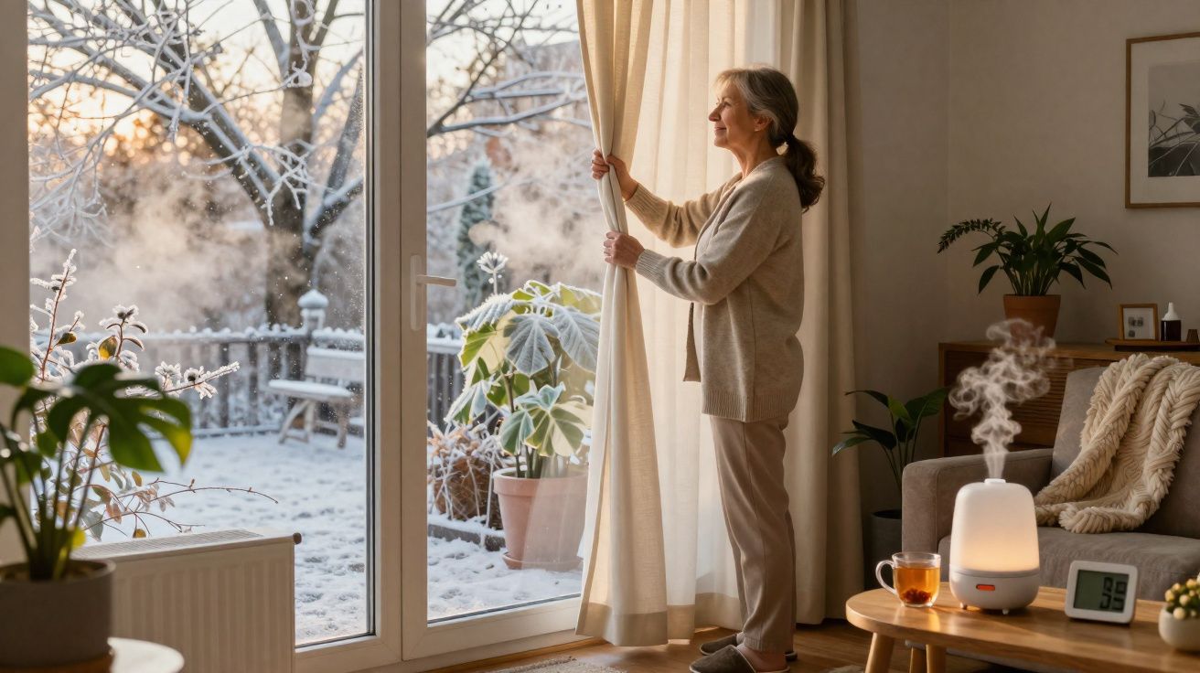 Mulher sorridente abre cortina para ver jardim coberto de neve numa manhã fria de inverno.