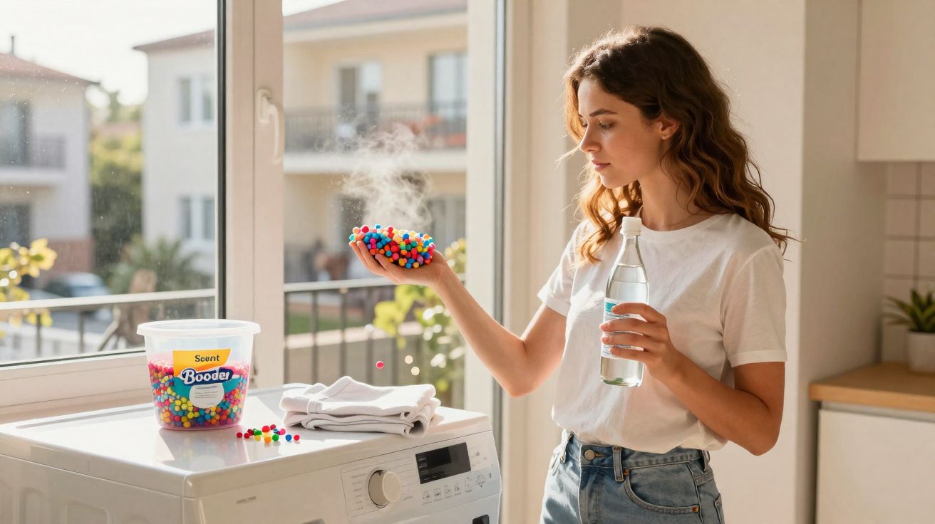 Mulher jovem segurando detergente em bolas coloridas e garrafa de líquido na lavandaria iluminada pelo sol.