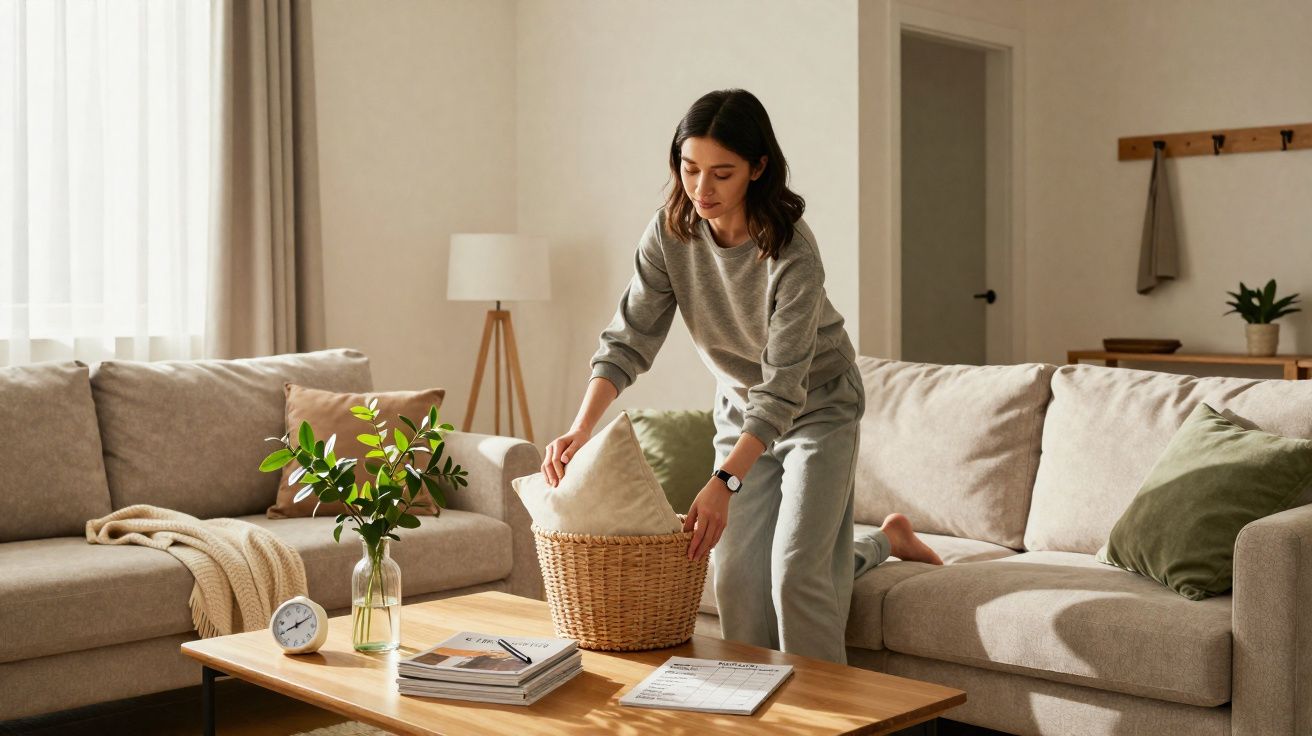 Mulher a arrumar almofadas num cesto numa sala iluminada com sofá, mesa e plantas.