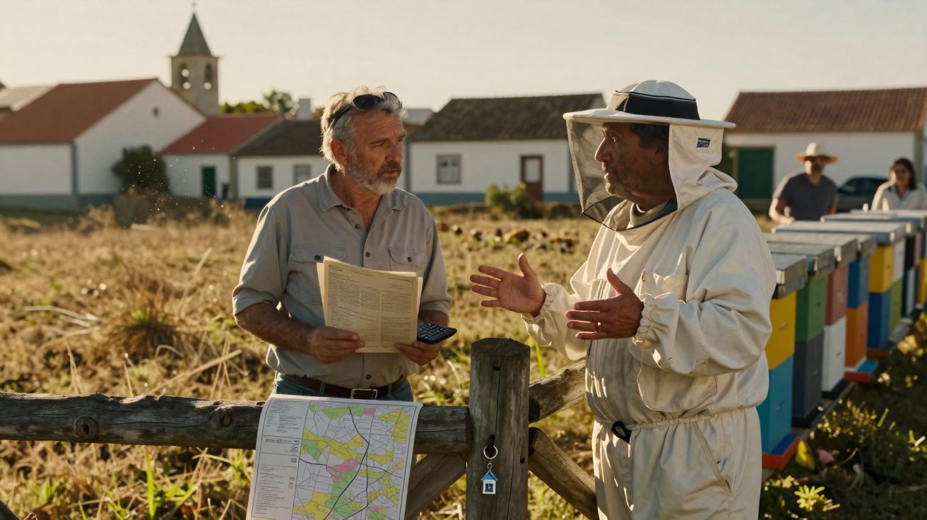 Dois homens conversam numa quinta, um com farda de apicultor e outro com documentos, junto a colmeias coloridas.