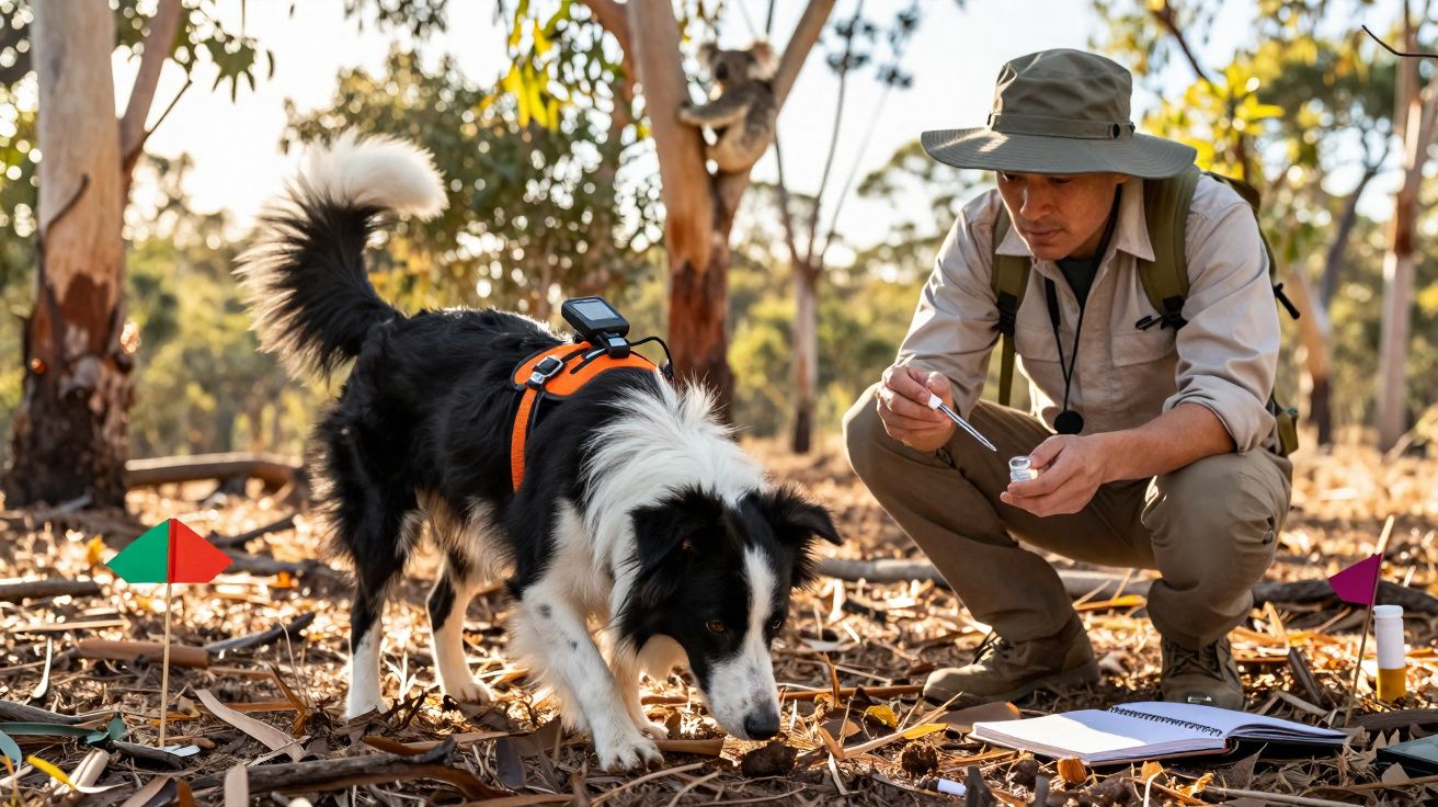 Cão com arnês e homem com chapéu a trabalhar juntos em campo, com árvore e marcas no chão.