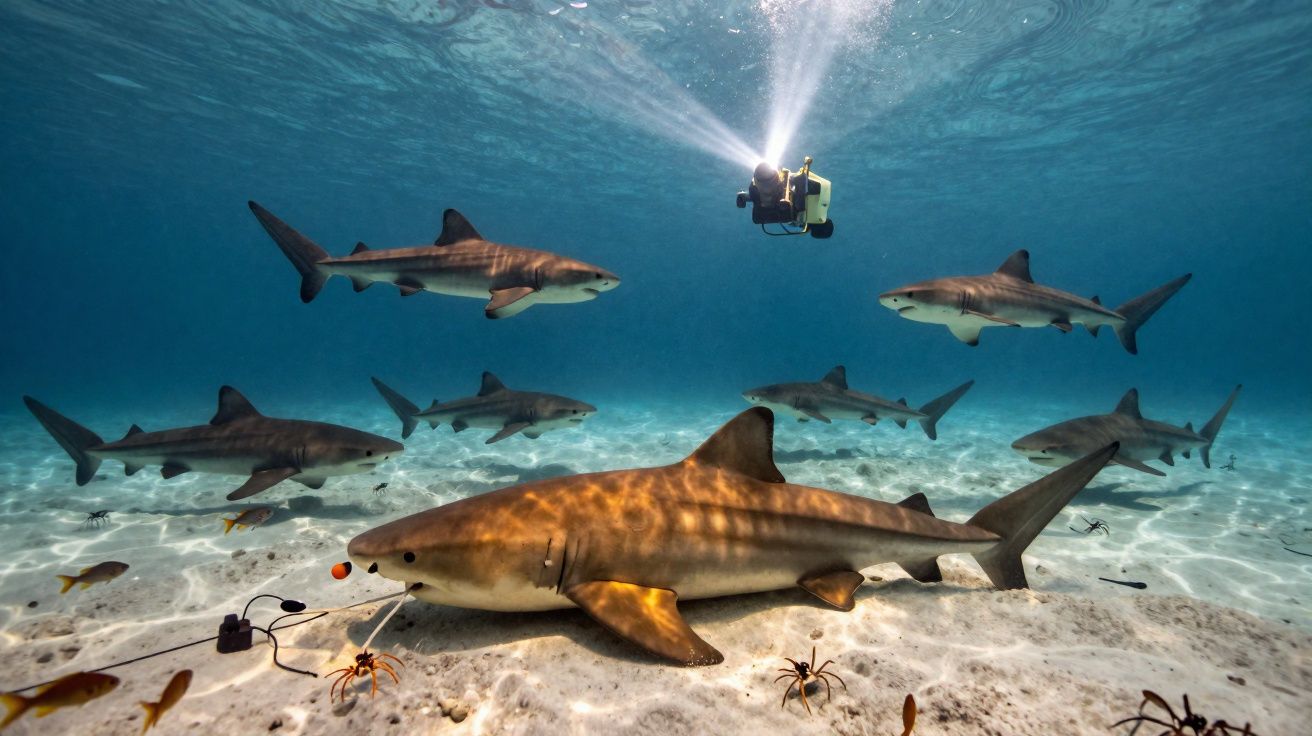 Grupo de tubarões no fundo do mar com equipamento de filmagem submarina iluminando a cena.