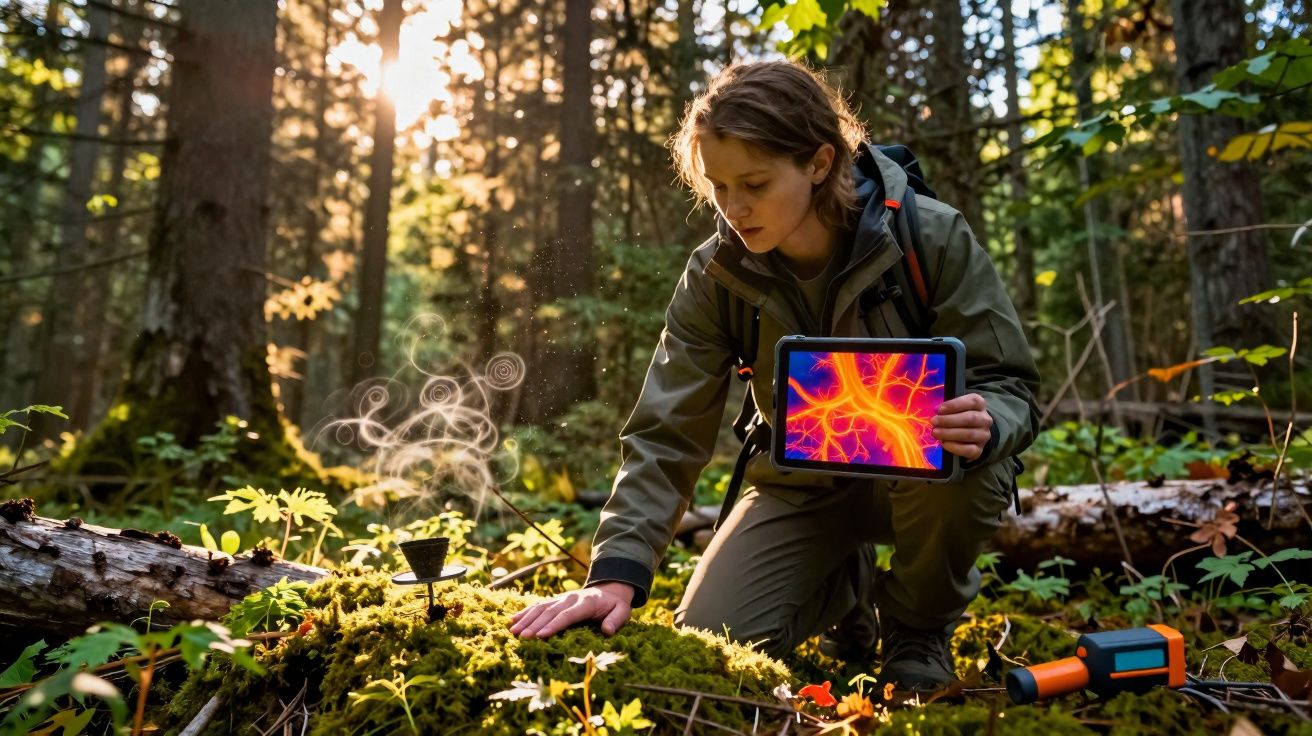 Mulher em floresta observa musgo com tablet que mostra imagem térmica colorida das plantas.