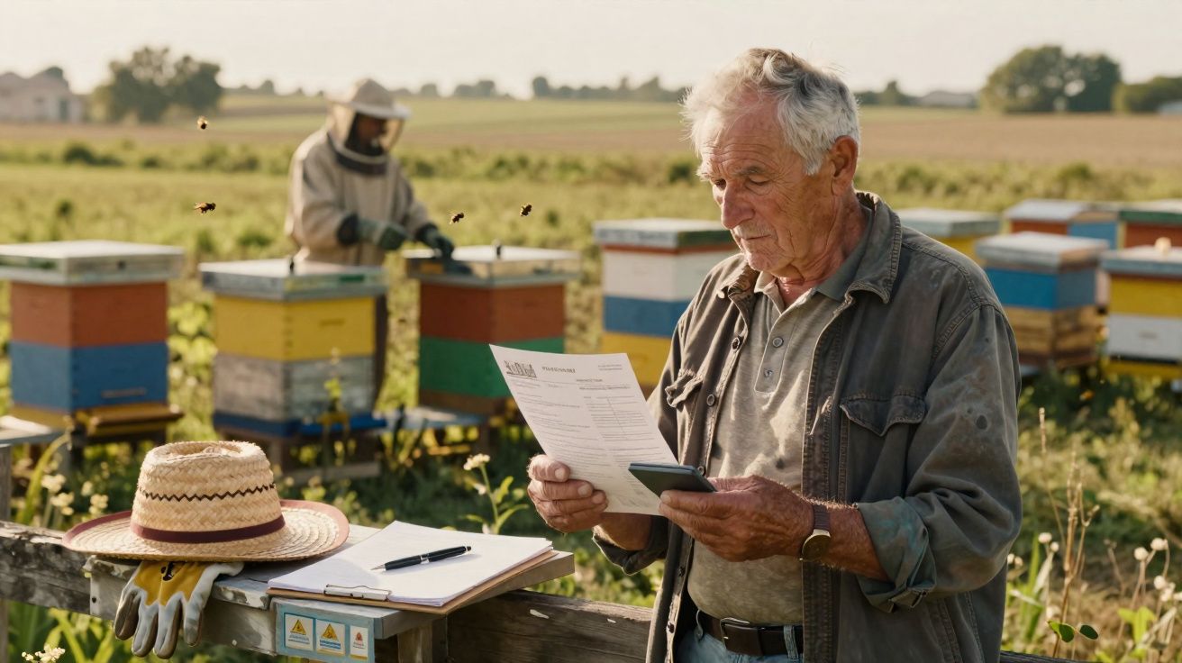 Apicultores a trabalhar junto de colmeias coloridas num campo, com documentos e equipamento de trabalho.