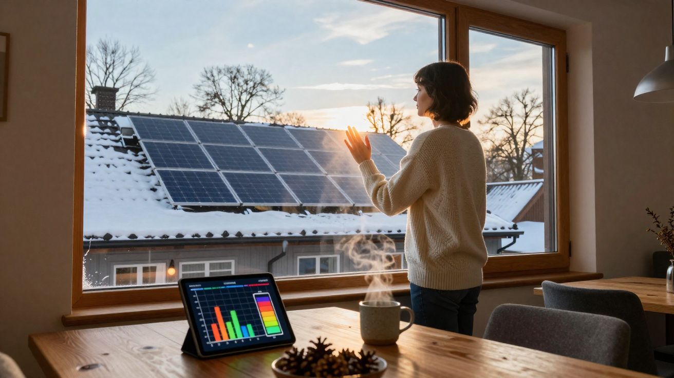 Mulher observa painéis solares num telhado nevado enquanto está dentro de casa com tablet e chá quente.