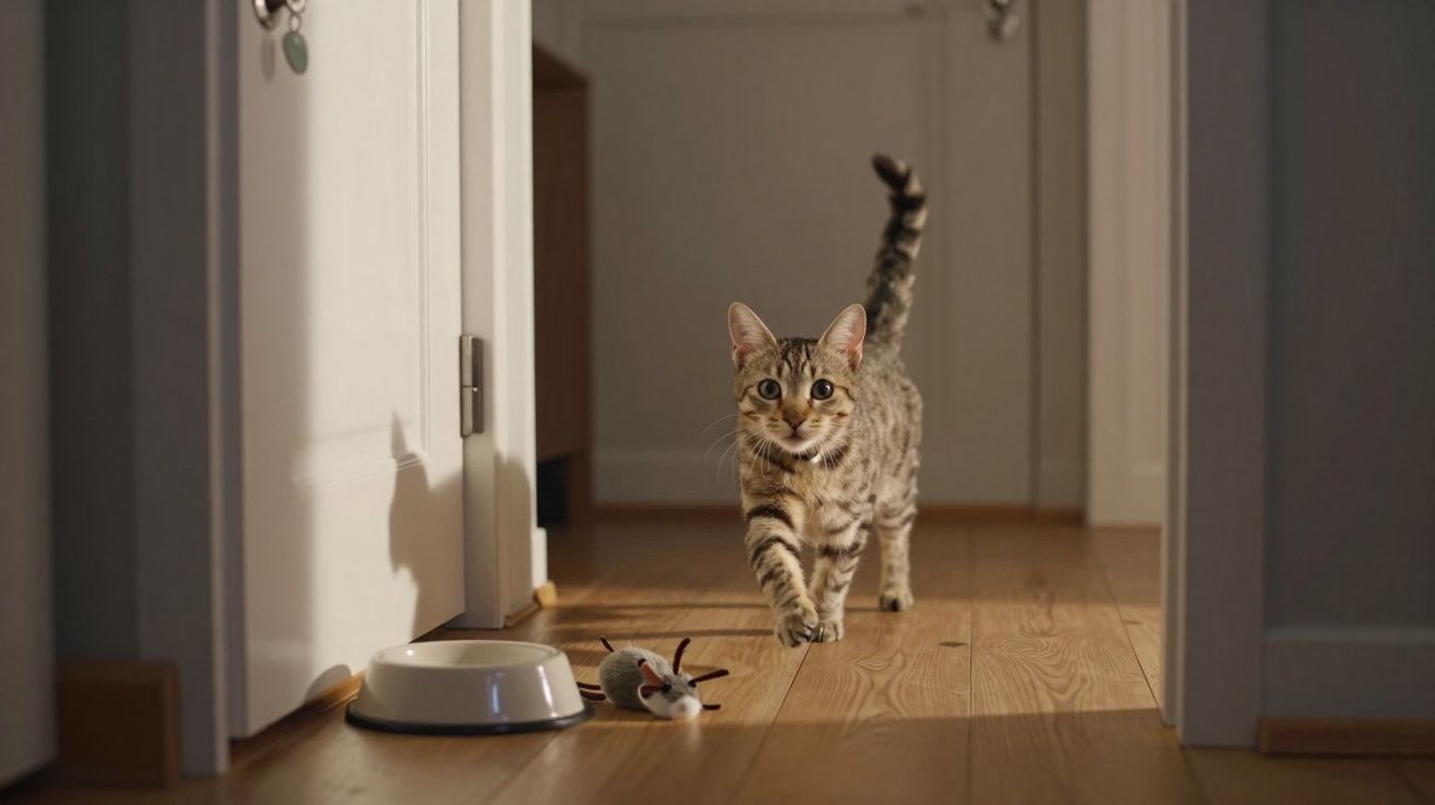 Gato malhado a caminhar num corredor de madeira, com um brinquedo de rato e uma tigela branca no chão.