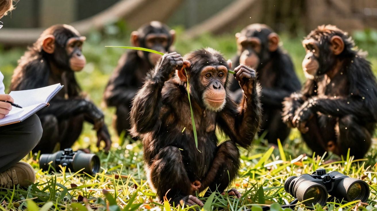 Grupo de chimpanzés jovens sentados na relva, com binóculos e uma pessoa a observar e anotar.