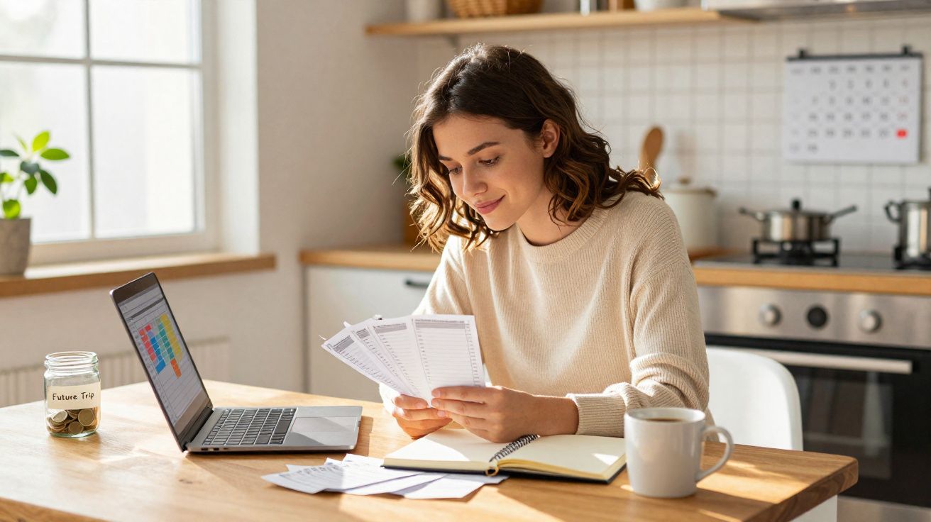 Mulher sentada numa mesa em casa a analisar bilhetes, com computador, caderno, chávena e jarro de moedas.