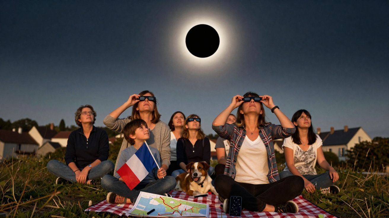 Grupo de pessoas com óculos especiais a observar eclipse solar, sentados num campo, junto a um cão e um mapa.