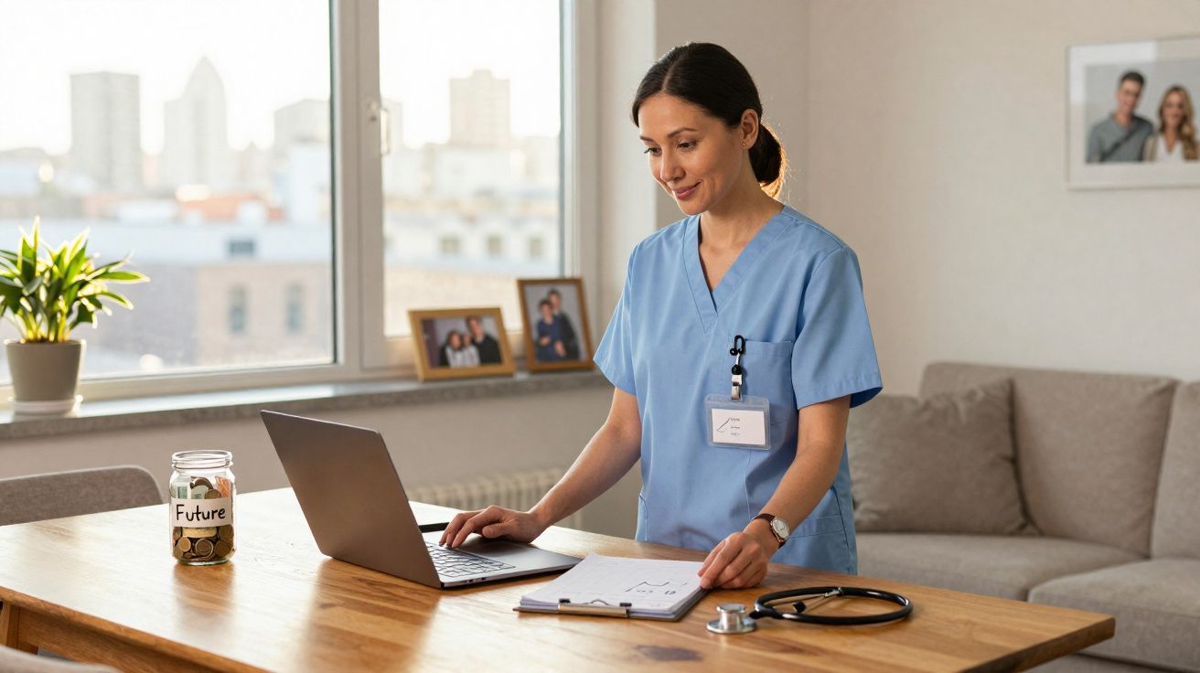 Enfermeira em uniforme azul a trabalhar num computador portátil numa sala com jarro de moedas e estetoscópio.