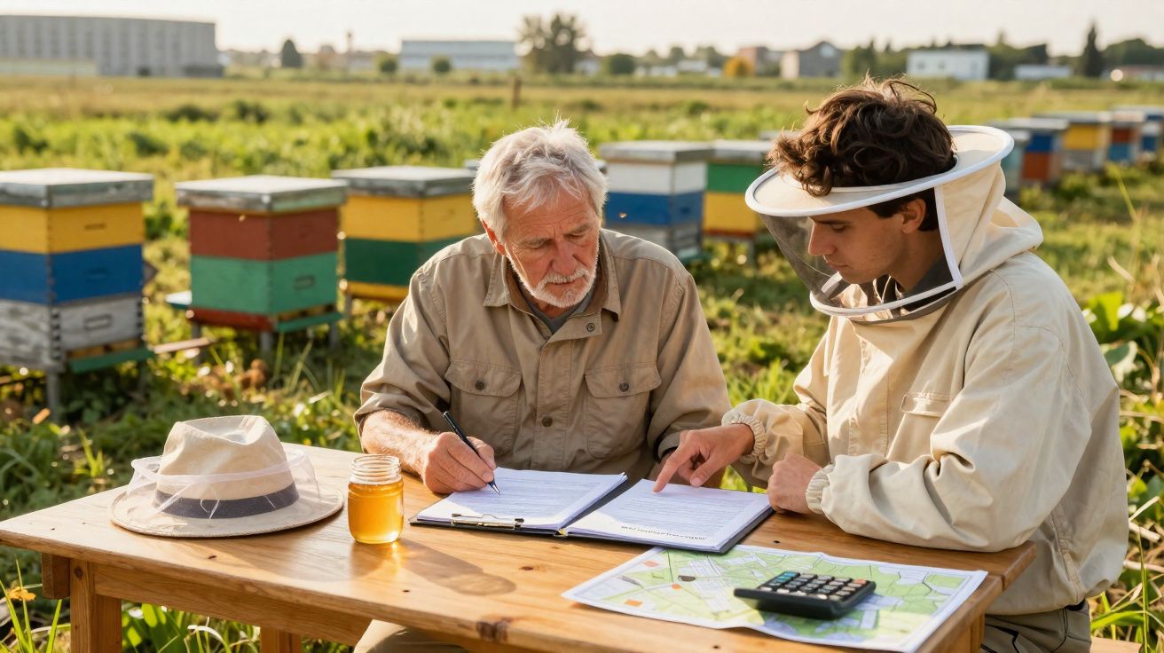 Dois apicultores, um com fato protetor, analisam documentos junto de colmeias num campo ensolarado.