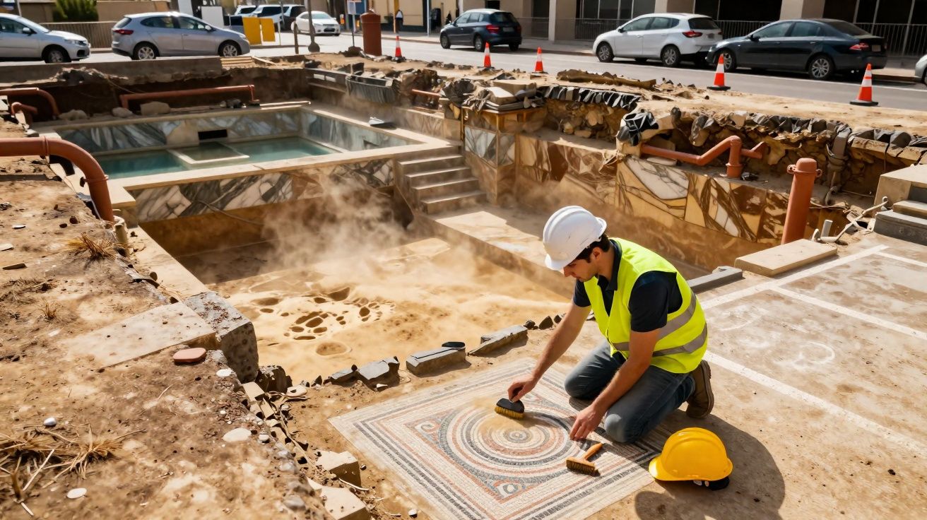 Arqueólogo a limpar mosaico antigo durante escavação arqueológica em zona urbana com carros ao fundo.