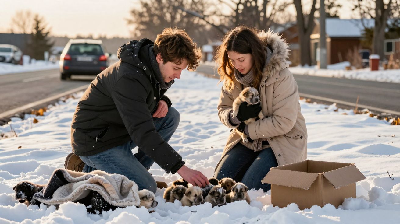 Jovem casal agachado na neve a cuidar e aconchegar vários cachorros junto a uma caixa de cartão.