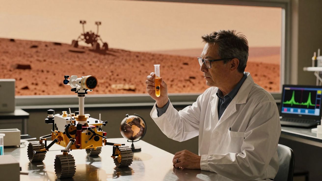 Cientista em laboratório observa tubo de ensaio com líquido, modelo de rover e paisagem marciana ao fundo.