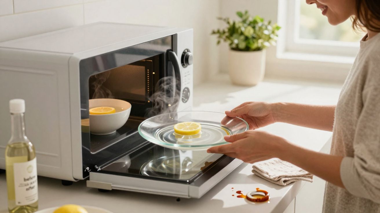 Pessoa coloca prato com fatia de limão num micro-ondas em cozinha iluminada, com vapor visível.