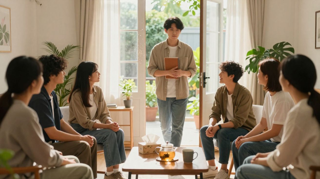 Grupo de jovens sentados em círculo numa sala com luz natural, um está de pé a falar segurando um caderno.