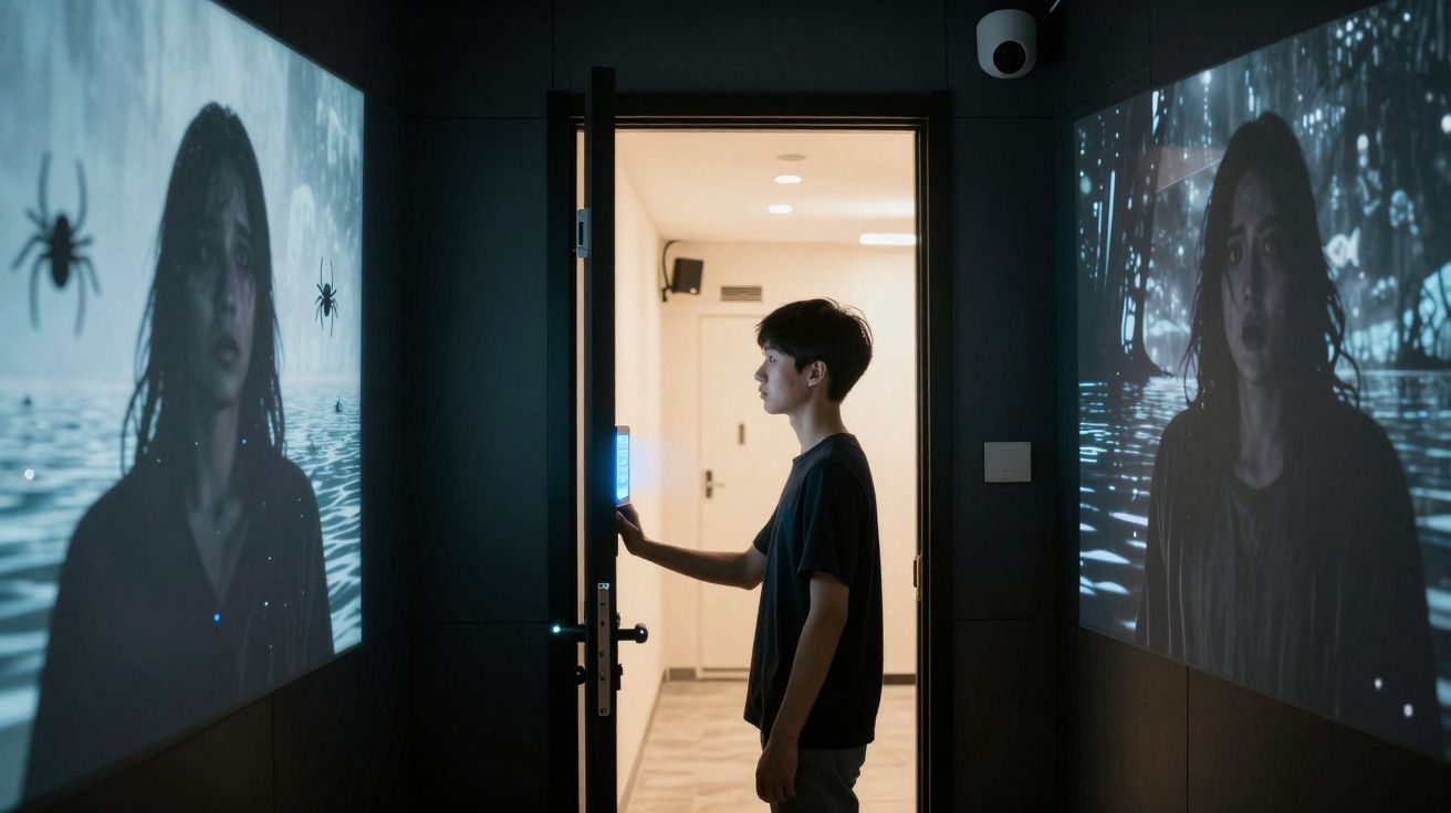 Pessoa numa divisão escura a interagir com um painel digital, com duas projeções de rostos femininos nas paredes.