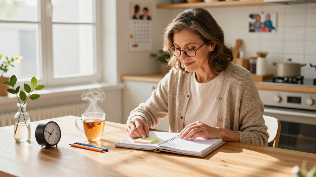 Mulher madura a escrever notas num caderno, numa cozinha iluminada, com chá quente e relógio na mesa.