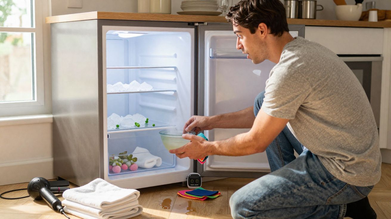 Homem ajoelhado a colocar uma tigela no frigorífico pequeno e iluminado numa cozinha moderna.