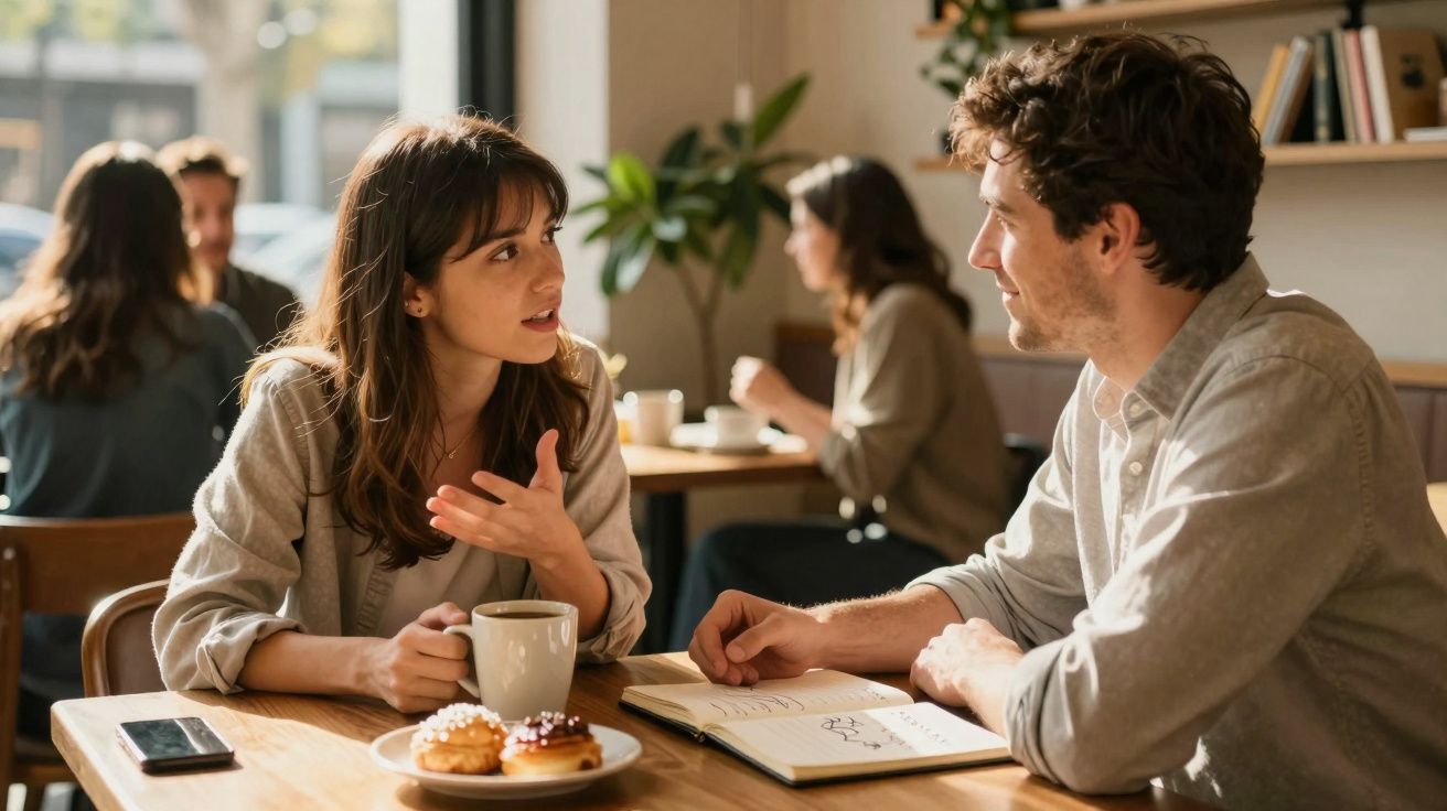 Homem e mulher sentados numa mesa de café, conversando enquanto comem donuts e tomam café.