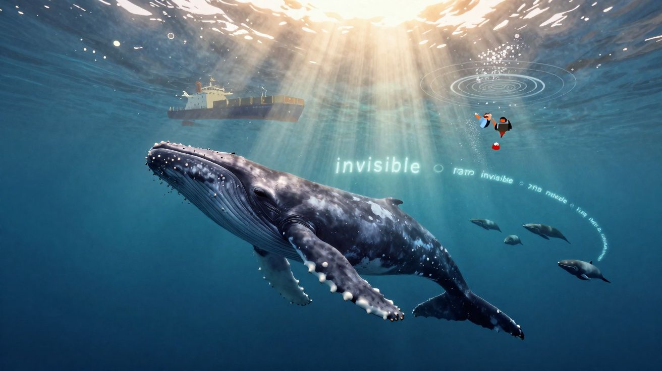 Baleia azul submersa com mergulhadores e navio ao fundo em água iluminada pelo sol, palavras "invisible" na água.