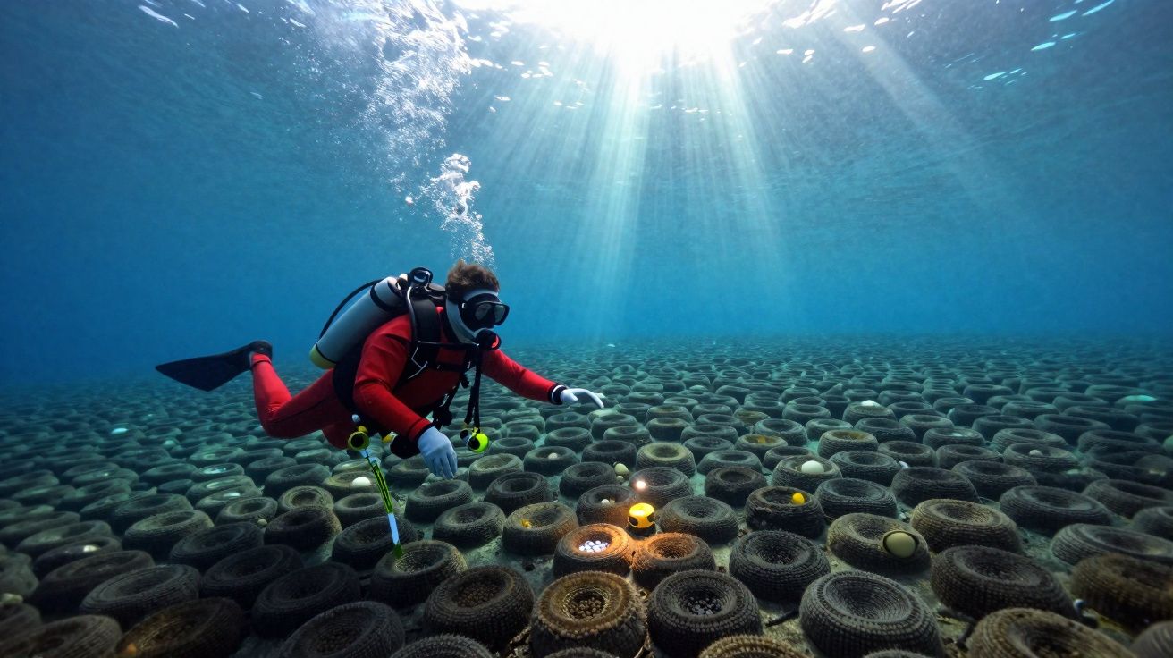 Mergulhador explora fundo do mar coberto por pneus submersos com luz solar a penetrar a água.