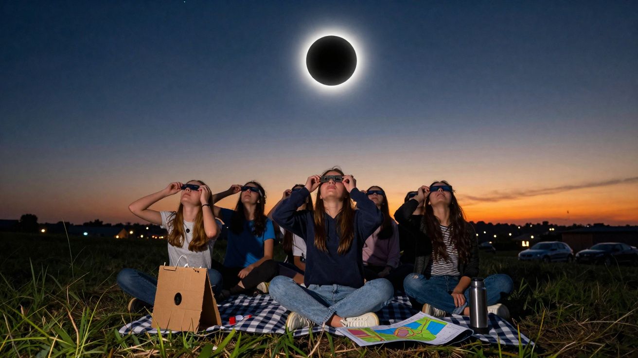 Grupo de pessoas sentadas no campo a observar eclipse solar com óculos de proteção ao pôr do sol.