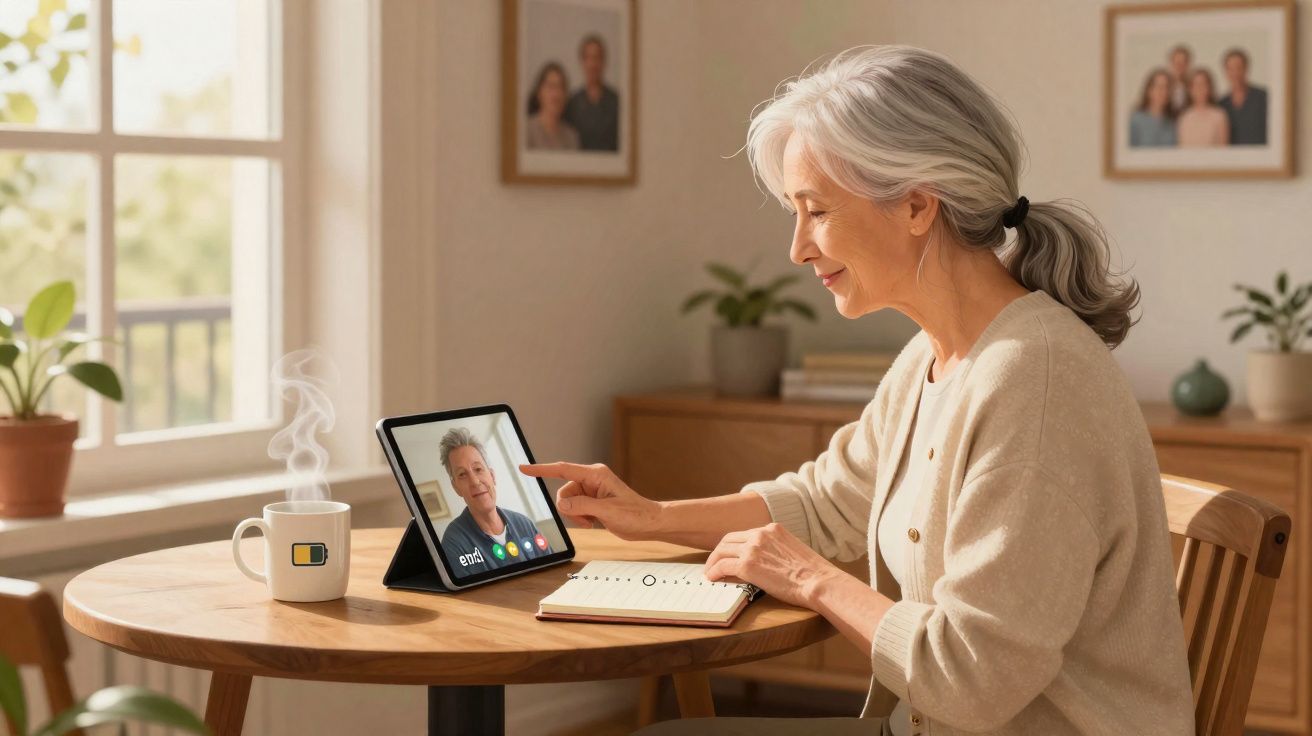 Mulher idosa a fazer videochamada num tablet sentada à mesa com caderno e chá quente ao lado.