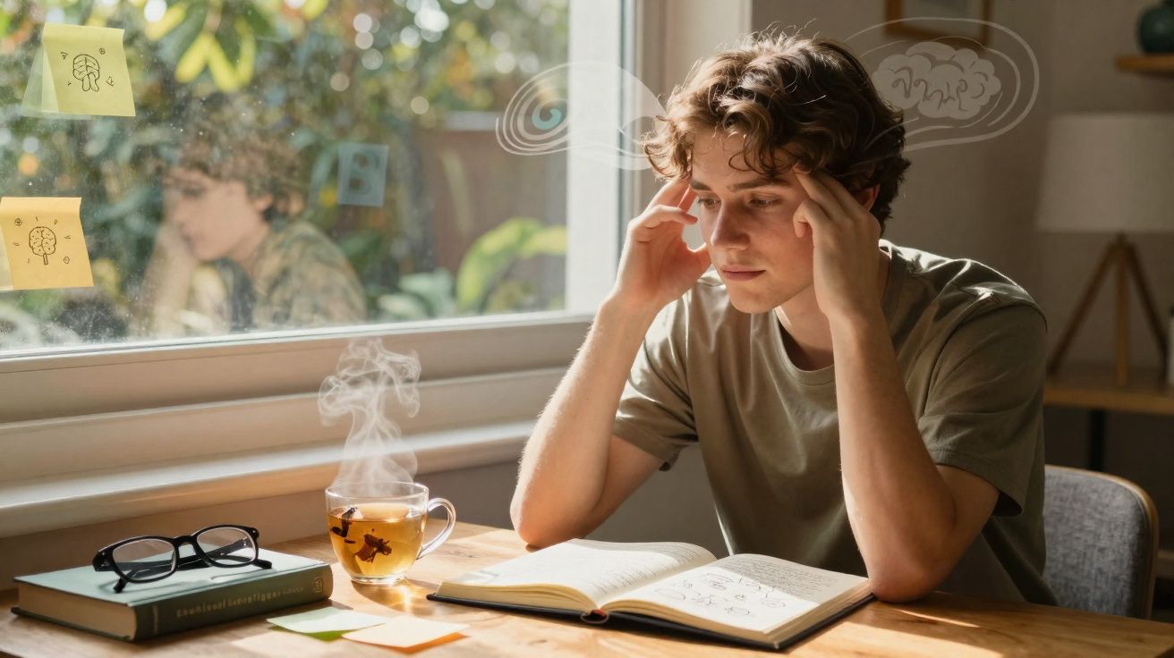 Jovem a estudar com livro aberto, chá fumegante e óculos sobre a mesa perto de janela luminosa.