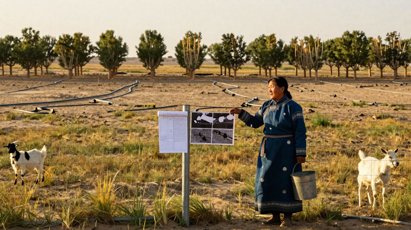 Mulher em traje tradicional olha para cartazes num campo árido com duas cabras e árvores ao fundo.