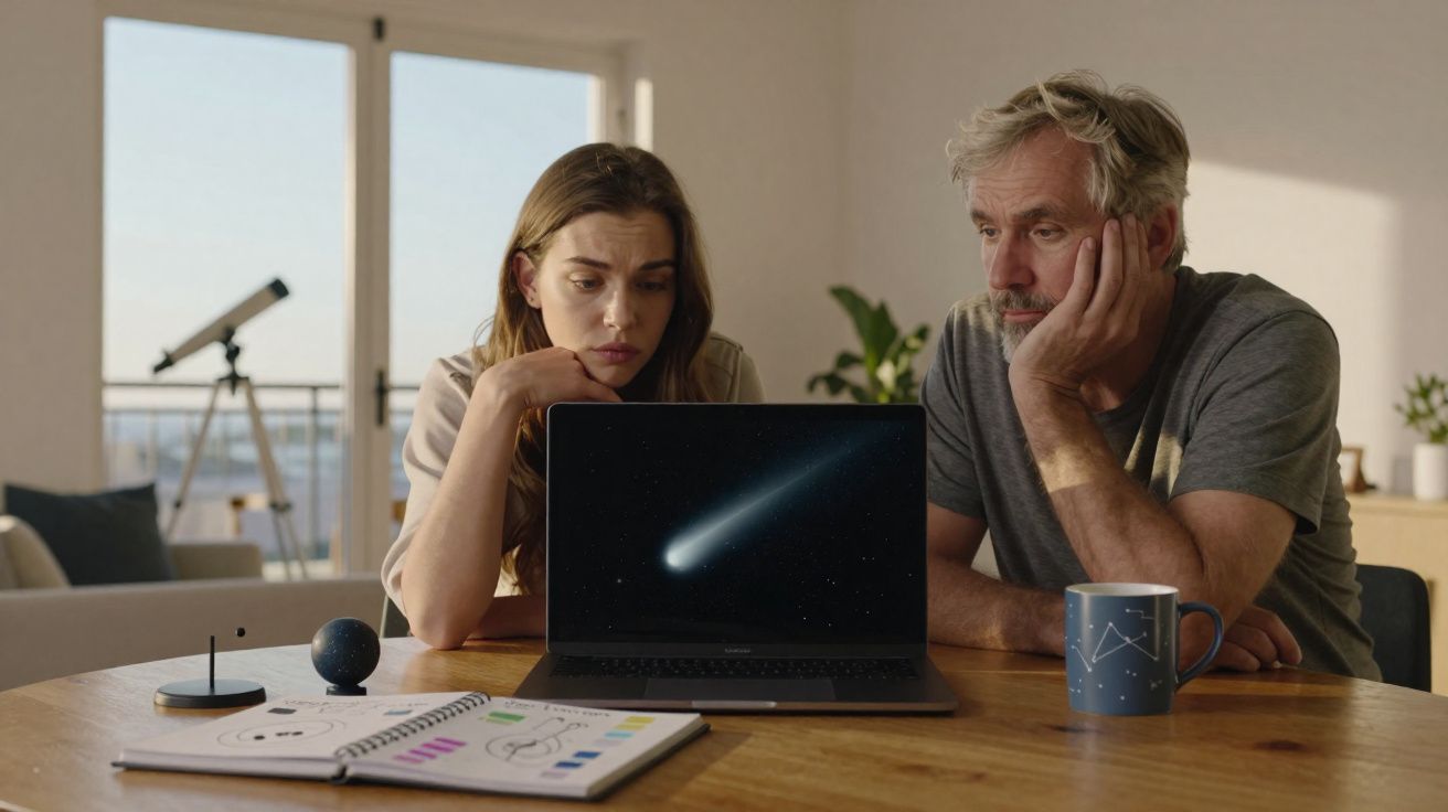 Dois adultos observam no computador uma imagem de um cometa, rodeados de objetos relacionados com astronomia.