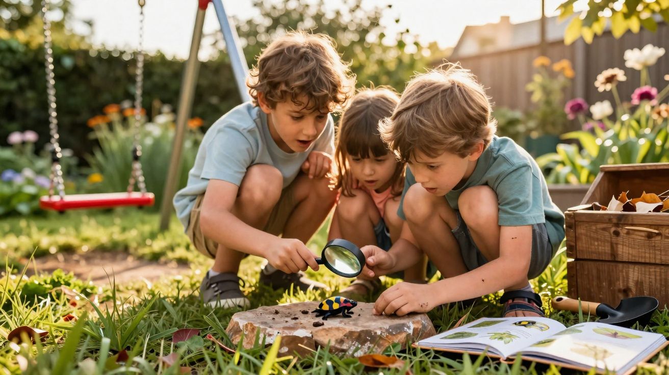 Três crianças exploram a natureza no jardim com uma lupa, observando um sapo colorido numa pedra.