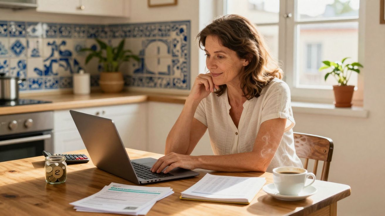 Mulher sorridente a trabalhar no computador numa cozinha com documentos, chávena de café e pote de moedas na mesa.