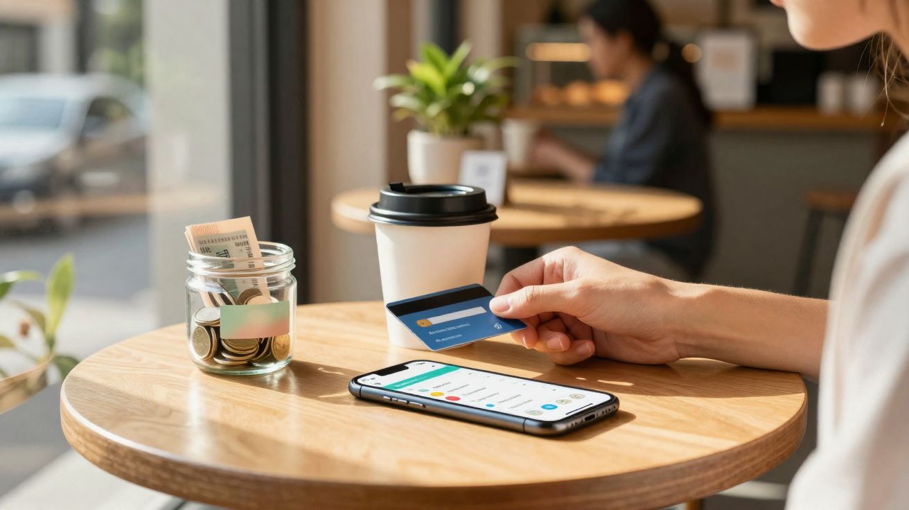 Pessoa segura cartão bancário junto a telemóvel com app de finanças, jarra com moedas e café numa mesa de madeira.