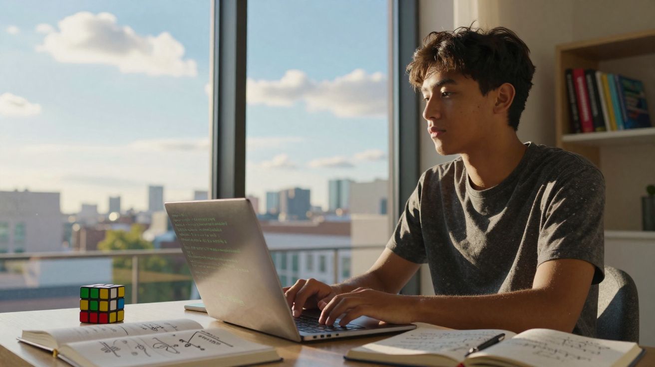 Jovem a trabalhar num computador portátil junto a livros e um cubo de Rubik com vista para a cidade.
