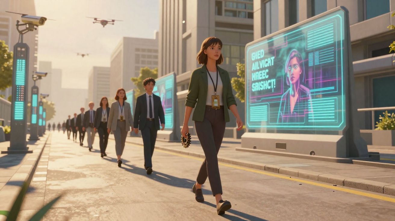 Pessoas a caminhar numa rua urbana futurista com painéis digitais e drones no céu.