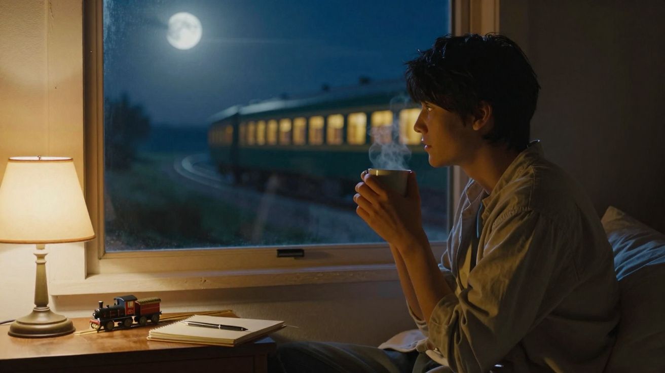 Homem sentado a beber chá, olhando para comboio passar à noite pela janela iluminada pela lua cheia.