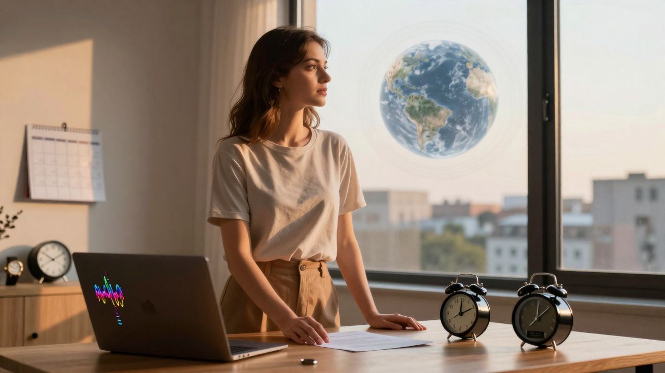 Mulher de pé junto a mesa com laptop e dois relógios, olhando através da janela com o planeta Terra visível.