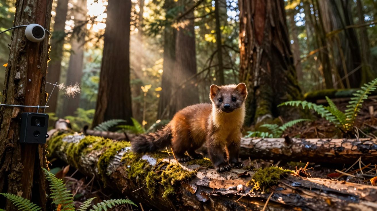 Marta-pintada numa floresta densa, em tronco caído coberto de musgo, com feixes de luz solar a atravessar as árvores.