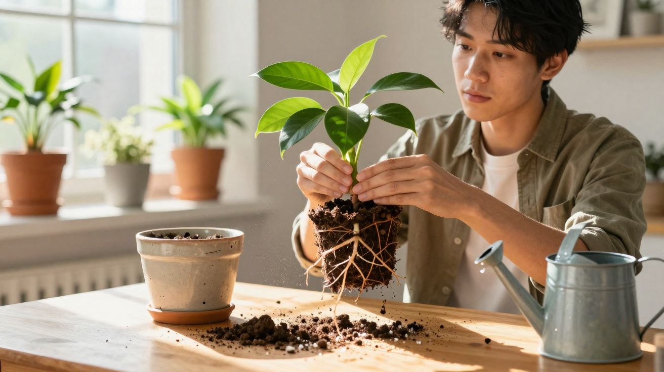 Homem transplantando planta jovem com raízes expostas para vaso de barro numa mesa iluminada.