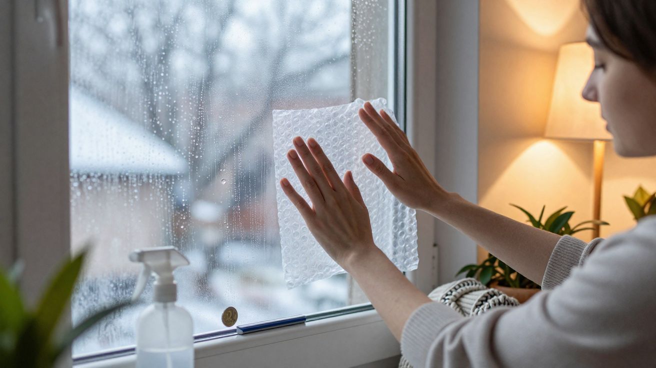 Pessoa a colar plástico bolha numa janela com gotas de chuva, dentro de casa, numa cena acolhedora.