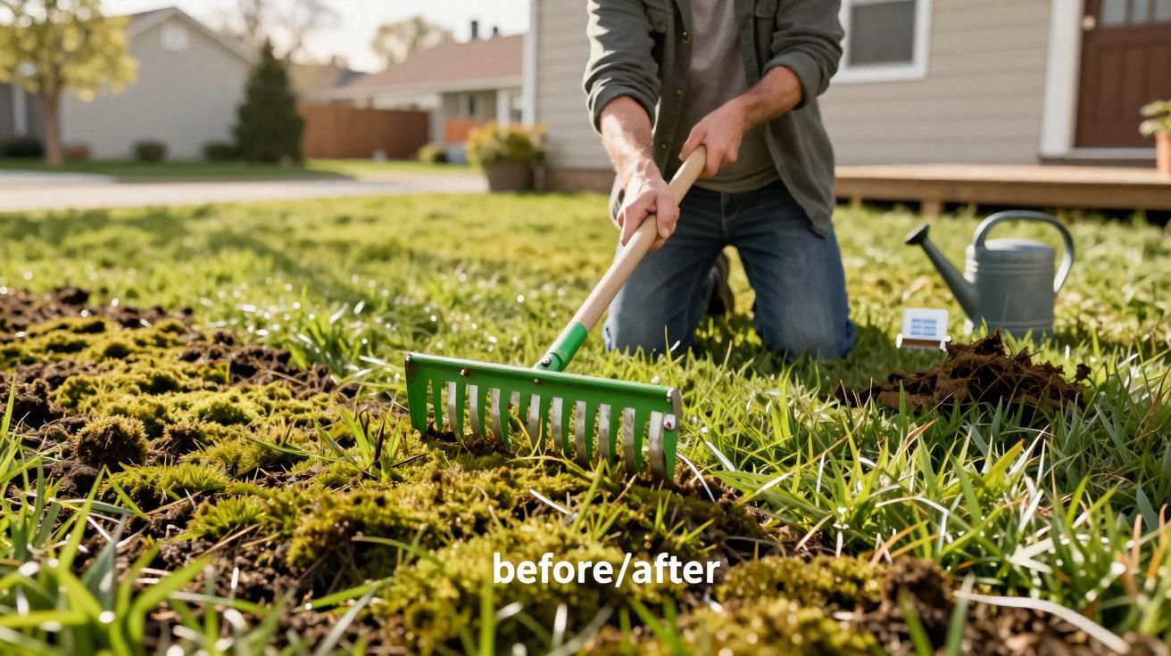 Pessoa a usar um ancinho para limpar musgo num jardim com relva verde e regador ao fundo.
