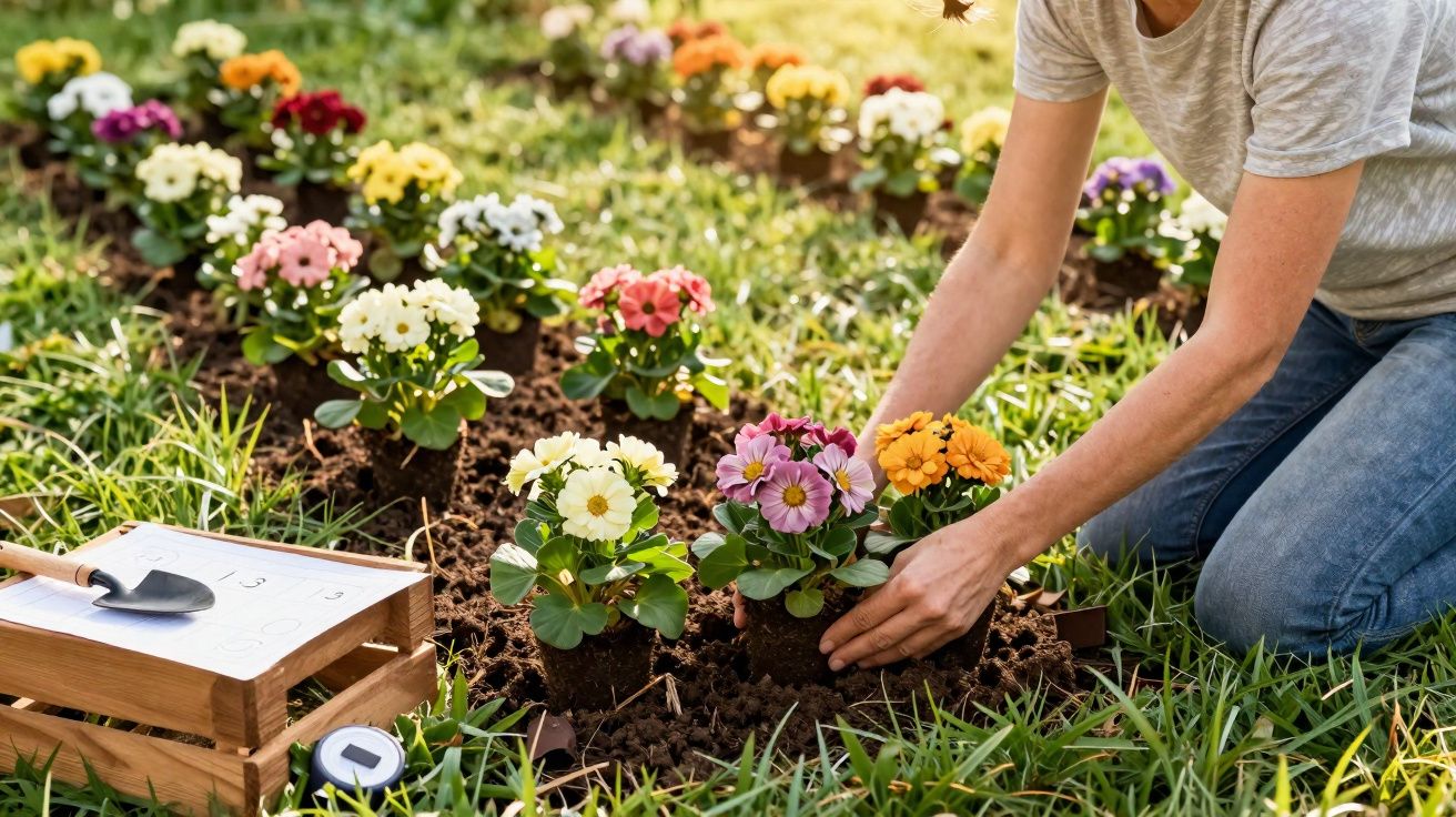 Pessoa a plantar flores coloridas num jardim com terra e relva ao redor, a cuidar das plantas.
