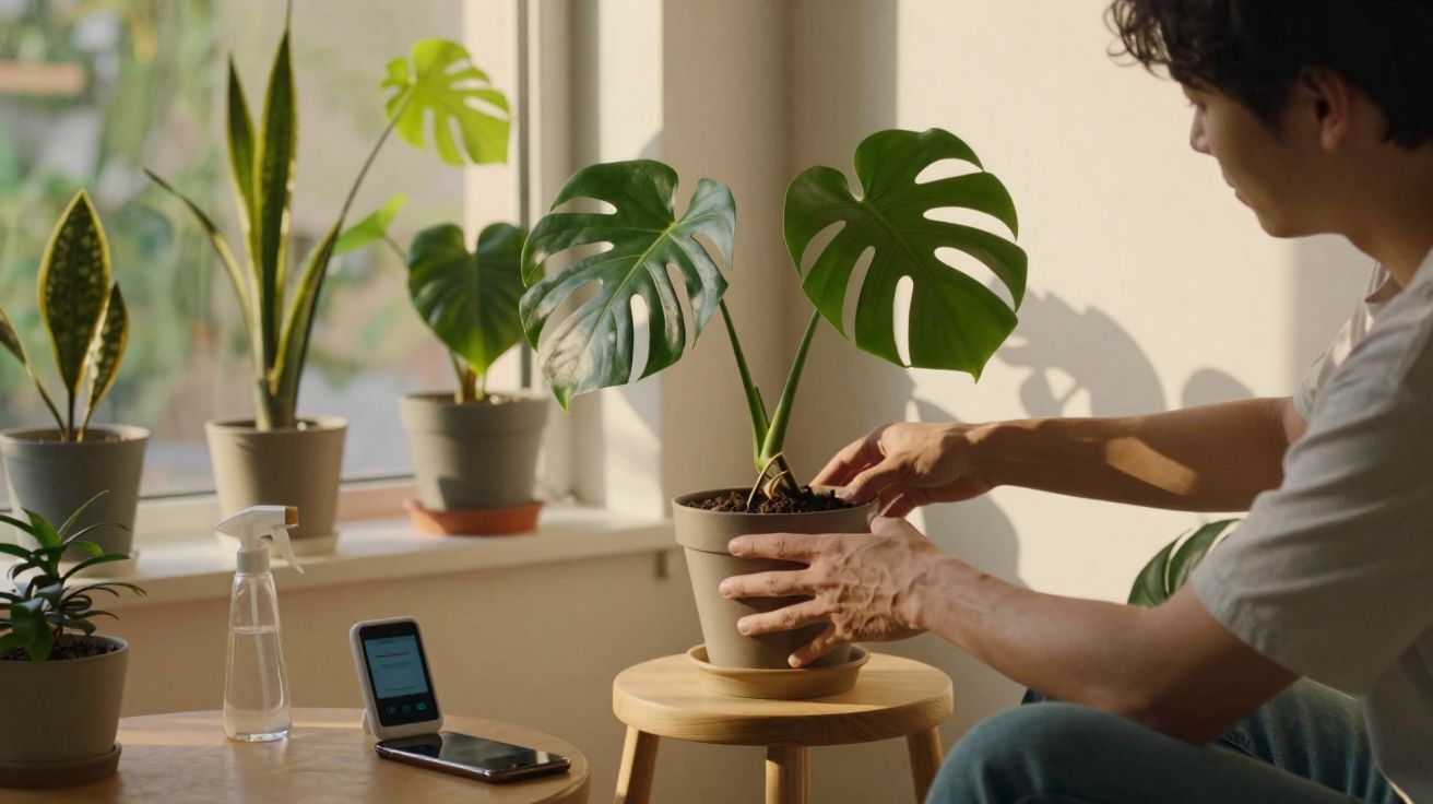 Pessoa a cuidar de planta Monstera em vaso dentro de casa, junto a janela com várias outras plantas em vasos.