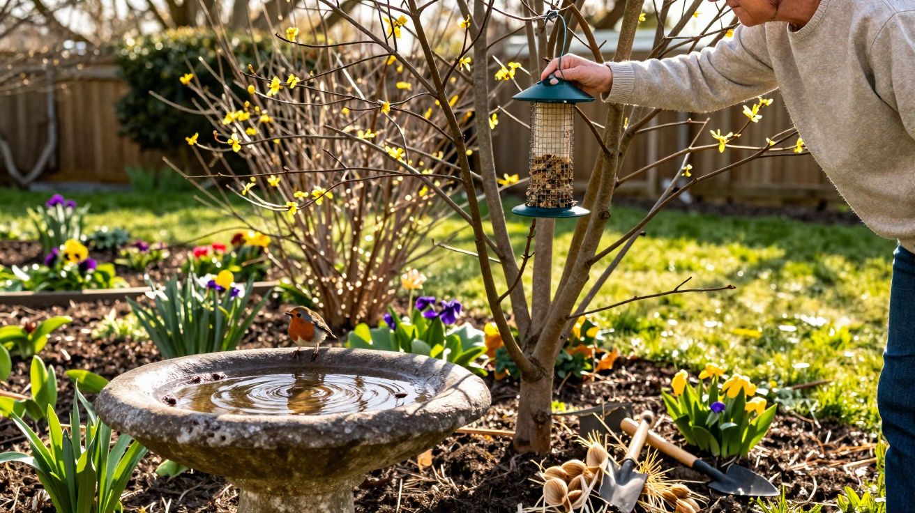 Pessoa pendura comedouro de pássaros em árvore perto de fonte com pássaro e flores num jardim primaveril.