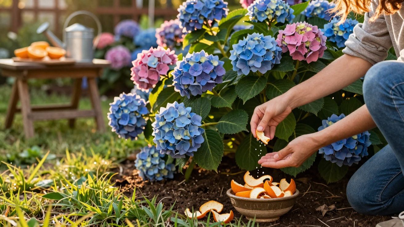 Pessoa a espalhar cascas de laranja junto a plantas de hortênsia com flores rosas e azuis num jardim.