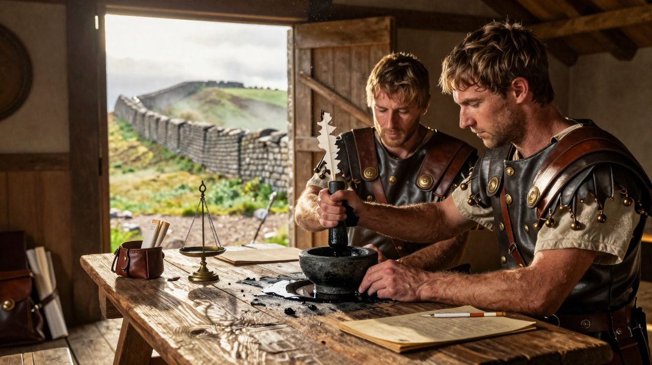 Dois homens em trajes romanos manuseiam utensílios antigos numa sala com vista para uma muralha de pedra.