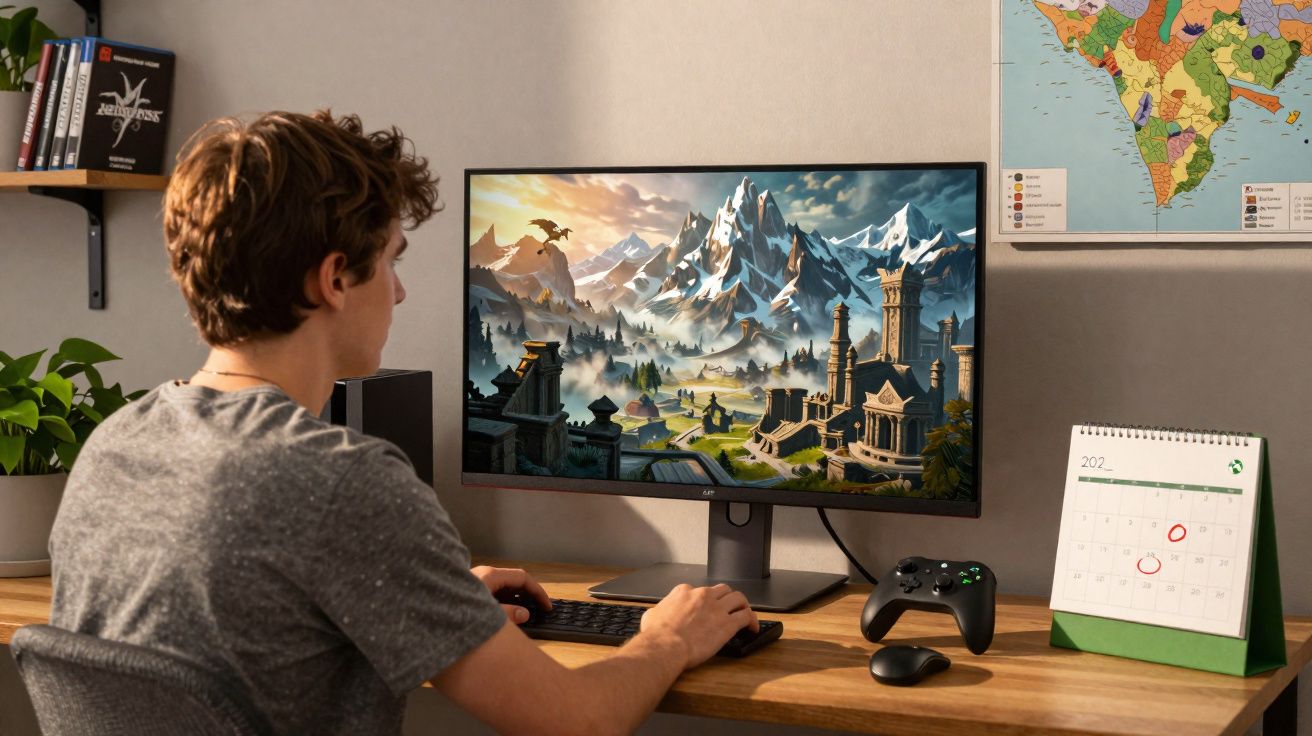 Jovem sentado a jogar videojogo de fantasia num computador num espaço de trabalho organizado.